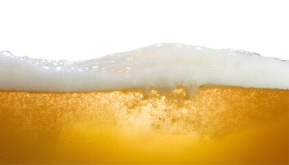 Close-up of golden beer froth with bubbles, isolated on a white or transparent background