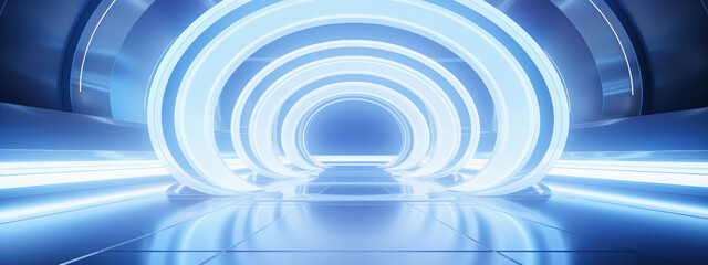Obraz premium Futuristic White Tunnel with Blue Neon Glow, Sleek and Modern Background, Digital Art and Sci-Fi Concepts