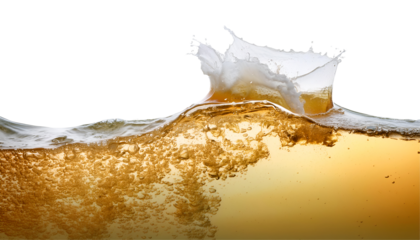 A close-up view of a splash of beer, showcasing dynamic movement and droplets against a white background.