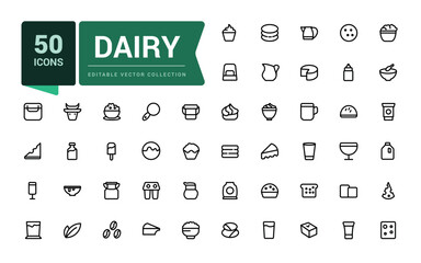 Dairy icons set. Outline set of dairy vector icons for ui design. Outline icons pack. Editable vector line icon set and illustration for web and UI application.