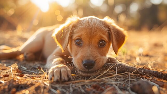 A puppy chewing on a stick in the morning sun