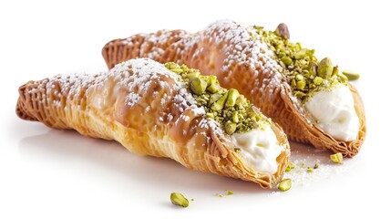 Sweet homemade cannoli stuffed with ricotta cheese and pistachio Sicilian dessert Italian pastry isolated on a white background : Generative AI