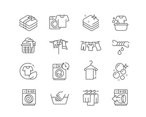 Washing and Laundry Icon collection containing 16 editable stroke icons. Perfect for logos, stats and infographics. Edit the thickness of the line in Adobe Illustrator (or any vector capable app).