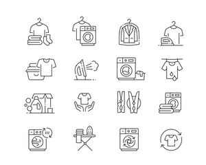 Laundry and Washing Icon collection containing 16 editable stroke icons. Perfect for logos, stats and infographics. Edit the thickness of the line in Adobe Illustrator (or any vector capable app).