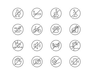 'No' signs and Rules Icon collection containing 16 editable stroke icons. Perfect for logos, stats and infographics. Edit the thickness of the line in Adobe Illustrator (or any vector capable app).