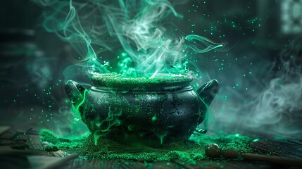 3D Enchanting Cauldron with Green Potion and Magical Smoke Overflowing - Fantasy Halloween Concept