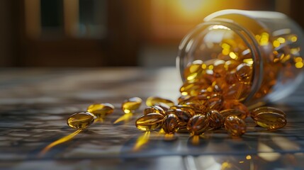 Different nutritional supplements minerals and vitamins such as vitamin d3 softgels capsules vitamin C B A magnesium lactase capsules zinc calcium probiotics in jars to make better hea : Generative AI