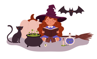 Vector illustration a young witch who recites a spell surrounded by magical objects and animals