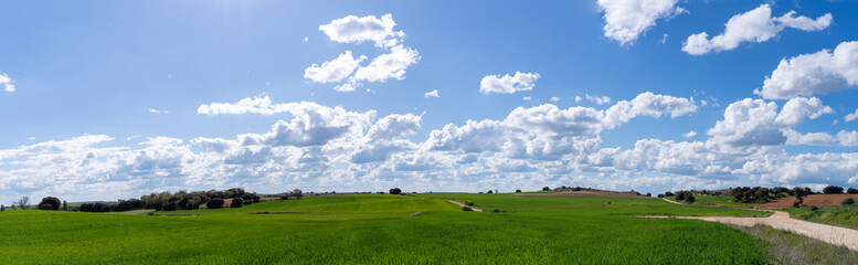 Nice panoramic photograph of the countryside in spring with clouds.