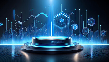  Tech Inspired Podium Una piattaforma di prodotto 3D con sfondo futuristico e dettagli t_1(111)