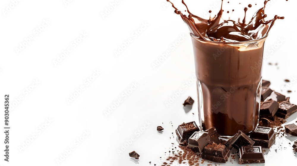 Poster glass of chocolate drinks with splash isolated on white background : generative ai
