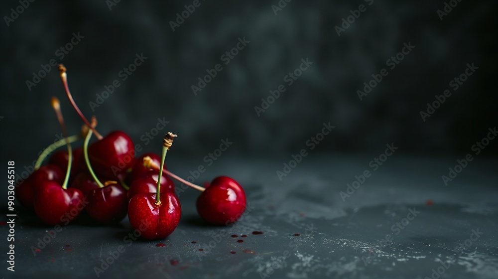 Poster Red cherries are small juicy fruits with a vibrant red hue Bursting with sweet flavor theyre a summertime favorite perfect for snacking straight from the tree or adding a pop of color  : Generative AI