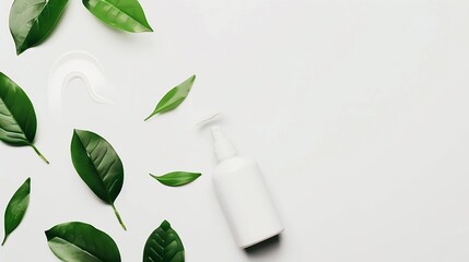 Close up of white lotion bottle and hand cream container with green leaves on white background Skincare and natural beauty concept For healthcare wellness and organic product poster : Generative AI