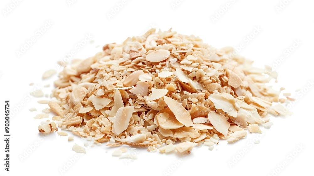 Poster heap of raw almond flakes isolated on white background focus stacking : generative ai