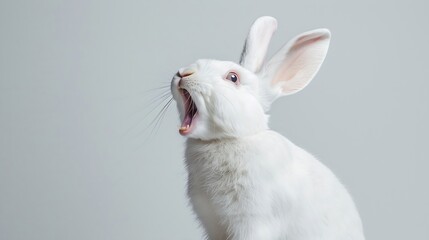 Obraz premium Studio portrait of white rabbit with mouth open against a white backdrop : Generative AI