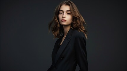 High fashion portrait of young elegant woman in black suit Studio shot : Generative AI