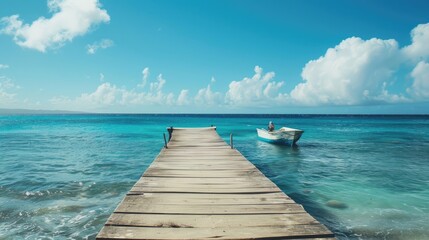 Island Vibes. Tropical Travel Concept with Beach, Ocean, Pier and Boat in Blue Sky Background