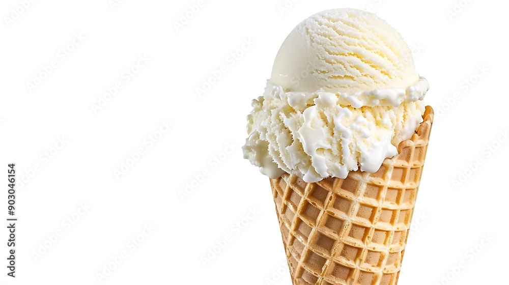 Poster Vanilla soft ice cream in waffle cone isolated on white background with clipping path : Generative AI