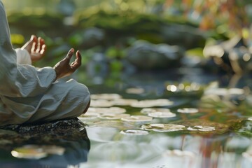 A person sits in stillness, surrounded by lush greenery and vibrant flowers, as they connect with their inner self. The gentle rustle of leaves and soft chirping of birds create a soothing ambiance.