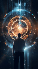 A man stands in front of a giant clock in space, looking up at the time. The clock is made of metal and glass and has a futuristic design.