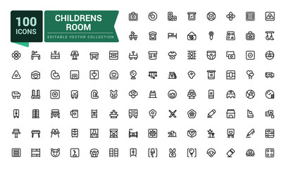 Childrens room icons set. Minamal outline set of childrens room vector icons for web and ui design.