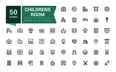 Childrens room icons set. Minamal outline set of childrens room vector icons for web and ui design.