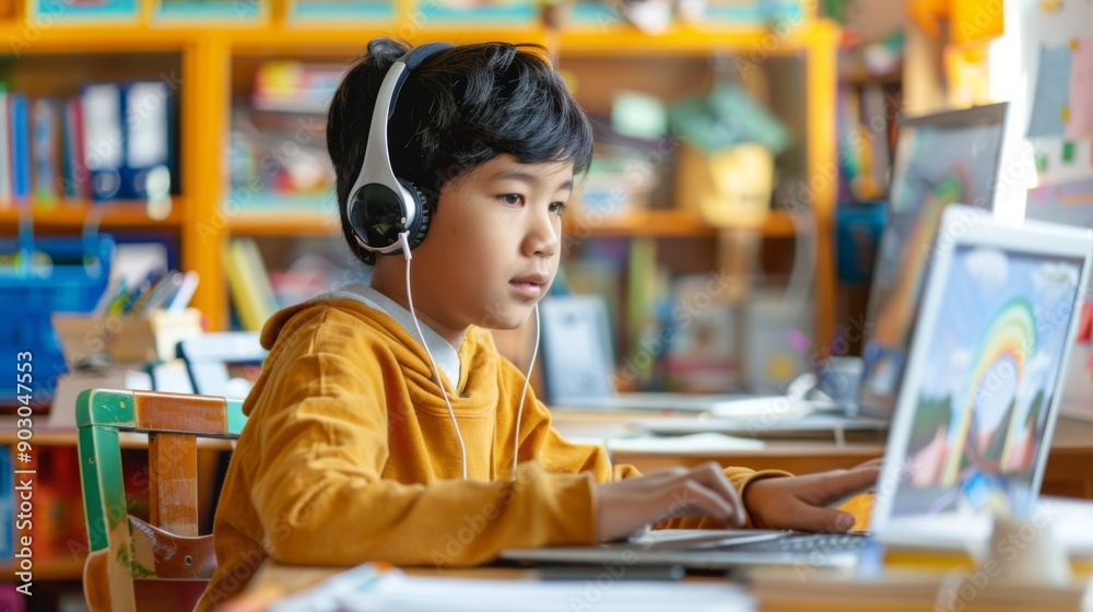 Poster a focused child wearing headphones works on a laptop, immersed in online studies in a colorful learn