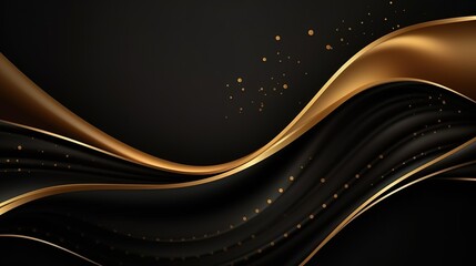 Abstract black and gold wavy background with scattered gold dots.