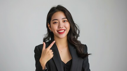 Fototapeta premium Happy young Asian business woman in blazer pointing finger up isolated on white background