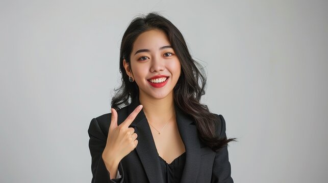 Happy young Asian business woman in blazer pointing finger up isolated on white background