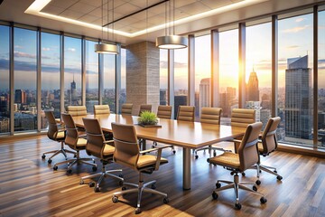 A large conference room with a long table and many chairs