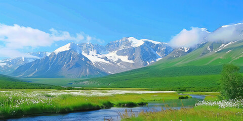 Glacier Carved Majesty of Alaska - Inspiring mountainous terrain with snowcapped peaks and icy rivers winding through the landscape.