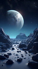 A desolate, rocky landscape under a starry sky with a large, blue planet in the distance. 