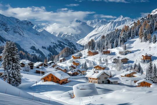 Davos Mountains. Snowy Mountain Landscape in Sertig Village, Graubunden, Swiss Alps