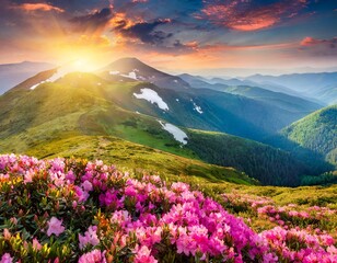 Magic pink rhododendron flowers on summer mountain