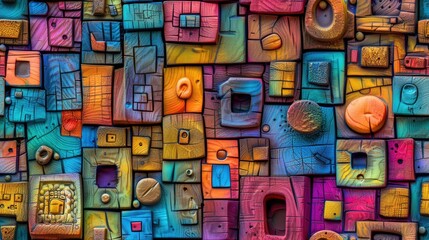 A colorful wooden wall with different textures and colors