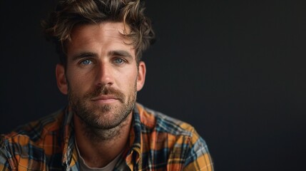 Obraz premium Intense Gaze: A young man with a ruggedly handsome face, wearing a plaid shirt, stares intently at the camera. 