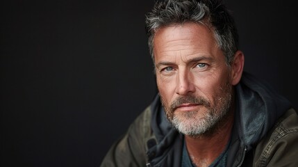Fototapeta premium Intense Gaze: A confident and mature man with silver hair and a beard stares directly at the camera, conveying a sense of strength, experience, and determination. 