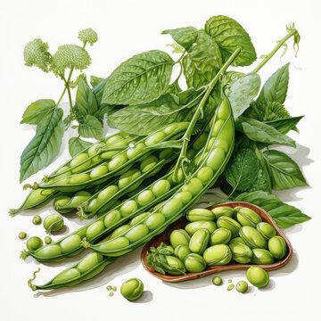 green pea pods and leaves on white clip art preview