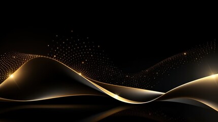 Abstract black and gold waves with sparkling particles.