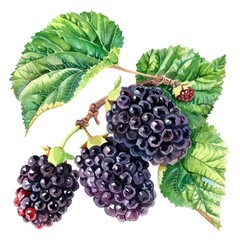 Fototapeta premium Mulberry Illustration. Black and Ripe Berry with Leaves, Isolated Watercolor Close-up