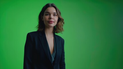 Fototapeta premium A presenter standing in front of a green screen background, ready for video production.