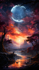 A breathtaking fantasy landscape with a glowing river leading to a bright light in the sky, with a giant moon and starry night sky.