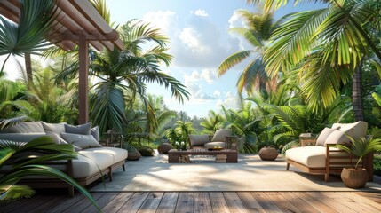 Fototapeta premium Back Yard Palm Trees. Exotic Palm Trees in a Terrace Garden with Outdoor Furniture on a Sunny Day