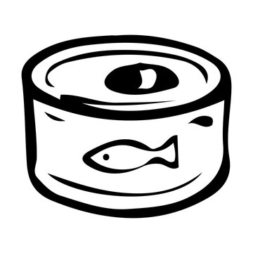 recommend clip art: A can of canned tuna hand drawn in doodle style. Tourist camp food. Metal container with fish. Long-term storage of products. Vector line art illustration.