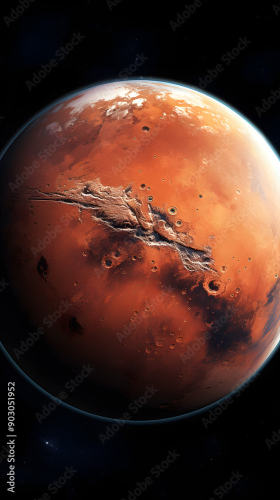 Wall mural a close-up view of mars, showcasing its red surface with craters and canyons. the planet is in the f