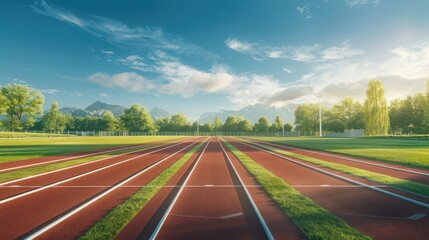 A serene sports track with a view of running lanes and a clear, blue sky, offering a clean and motivational background