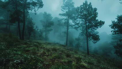 Fototapeta premium A tranquil and misty morning in a foggy forest, conveying a sense of peaceful solitude and natural beauty.
