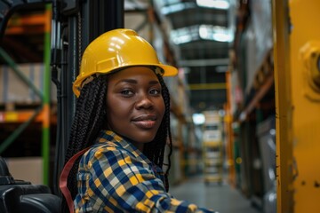 Labor Day Hard Hat. American Black Women Factory Worker Happy at Duty in Logistics Warehouse