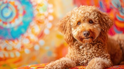 Labradoodle dog in shades relaxes on colorful background
